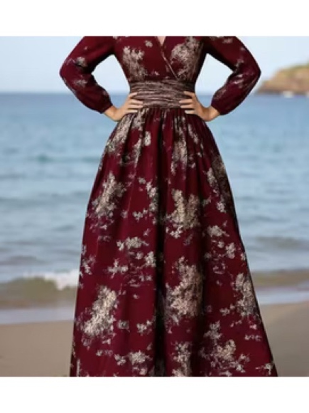 Women’s Burgundy Floral Maxi Dress with Smocked Waist